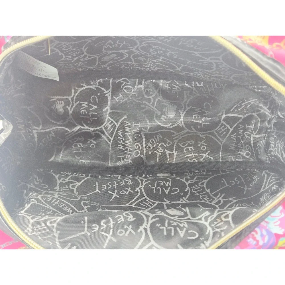 Betsey Johnson Y2K Pink Floral Chain Print Nylon Satchel Bag Black Patent‎ Trim